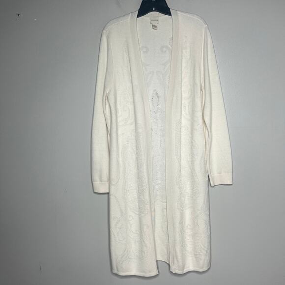 Chico's Long Line Cardigan Sweater Ivory Open Front Jacquard Knit Size 2 / Large - Picture 1 of 11